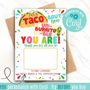 Apprezzamento modificabile Porta carta regalo stampabile Taco Informazioni su come sei incapace di burrito Insegnante Tutor Allenatore Ufficio Collega Dipendente del personale