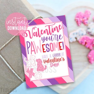 Tier Plätzchen Valentinstag Printable Tags Welpe Liebe Hund Pink Weiß Zirkus Pawesome Freundin Klasse Team Mitschüler Mitschüler Lunchroom