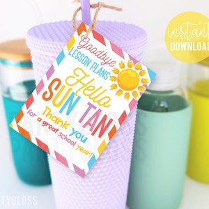 Ausdruckbare Geschenkanhänger zum Jahresende Danke Danke Hallo Sonne Tan Sommer Urlaub Lehrer Trainer PTA Schule Personal Strand Tropisch