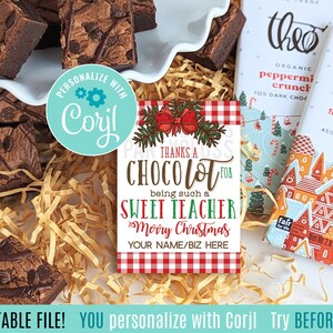 Navidad editable gracias a un chocolate por ser un maestro tan dulce Etiqueta imprimible de agradecimiento de Feliz Navidad / Maestro de cacao Corjl