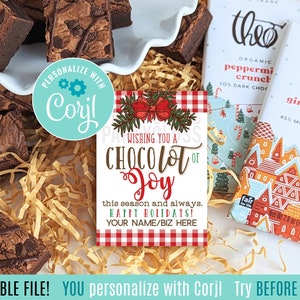 Bewerkbare kerstchocolade wens je vreugde Fijne feestdagen Waardering Afdrukbare cadeaukaartjes, Chocolot Cacao Klant Klant PTA PTO Office