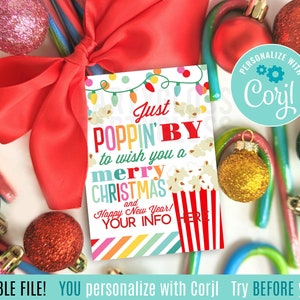 Bewerkbare kerstpopcorn Poppin' door u een prettige kerstwaardering te wensen Afdrukbare cadeaukaartjes, vakantieklant Kantoorpersoneelklant