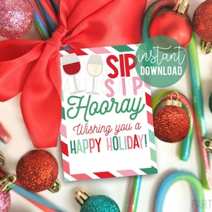 Sip Sip Hooray Etichette vino stampabili per le vacanze, Vino di Natale stampabile, Etichetta vino rosso vino bianco, Collaboratore Dipendenti Boss Vicini Regalo cliente