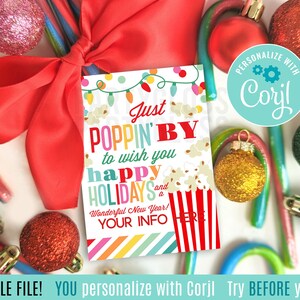Bewerkbare kerstpoppin' door u een prettige vakantie te wensen, waardering afdrukbare tag | Popcorn Tags Vakantietraktaties Kantoorpersoneel Team Corjl
