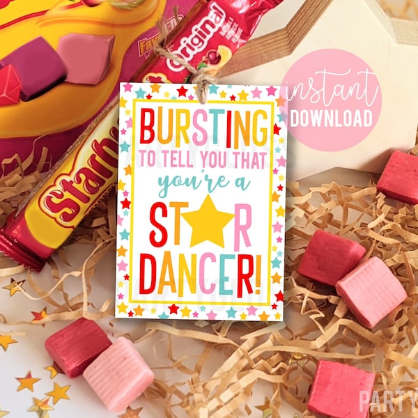 Star Dancer Appreciation Printable Gift Tags, Candy Tag Bursting To Tell You Team Competition Cheer Squad Dance Tournament State Regionals