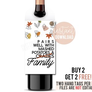 Étiquette volante de bouteille de vin imprimable pour Thanksgiving, étiquettes de cou drôles pour accrocher une étiquette de vin Étiquette de famille Fête de l'amitié automne automne