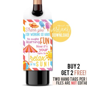 Étiquette volante de vin de fin d'année, étiquette de cou de bouteille de cintre de vin imprimable, vacances d'été, cadeau drôle pour l'enseignant, étiquettes d'enseignant d'été de fin d'année