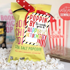 Popping By Happy Retirement Tags, Popcorn Gift Tag For Popcorn, Retirement Gift Ideas, Easy Office Celebration, Work Party Retirement Print