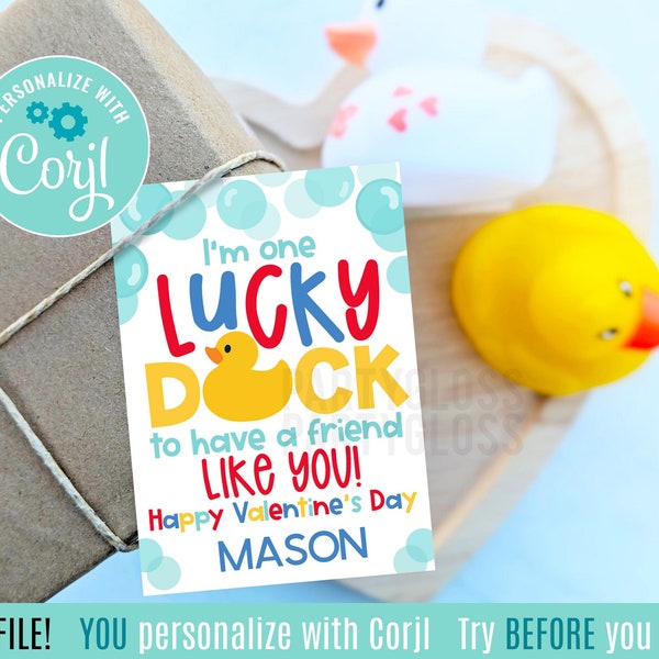 Editable Rubber Duck Valentine's Day Printable, Lucky Duck Valentine, One Lucky Duck, Classmate, For Kids Non Food, School Preschool Daycare