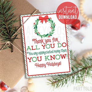 Christmas Wreath Thank You For All You Do Happy Holidays Appreciation Printable Gift Tags, Holiday Office Staff Team PTA Volunteer Teacher