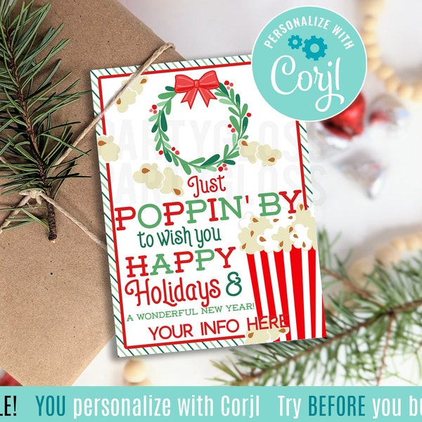 Editable Christmas Wreath Poppin' By To Wish You A Happy Holidays Appreciation Printable Gift Tags, Popcorn Treat Tag Office Staff Team