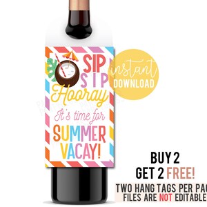 Étiquette volante de vin de fin d’année, cintre de vin imprimable, étiquette de goulot de bouteille, vacances d’été, cadeau drôle pour l’enseignant, Sip Sip Hourra Last Day School