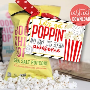Volleyball Team Printable Gift Tags, Microwave Popcorn Card Treat Tags Gameday Snacks Let&#39;s Get Poppin&#39; Make This Season Awesome Match