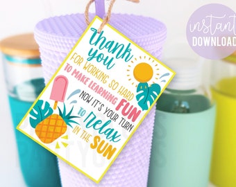 Teacher Appreciation Printable Tags, End of the Year Gift Last Day Of School Summer Vacation Relax in the Sun Towel Water Bottle Tropical