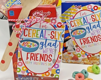 Valentine&#39;s Day Cereal Box Printable Gift Tags, Cereal-sly Glad We&#39;re Friends Class Valentine Neighbors Team Teammates Classmates Office Red