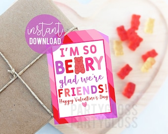 Etichette regalo stampabili per San Valentino con orsetti gommosi, così felici che siamo amici San Valentino gommoso San Valentino rosa per ragazze Classe San Valentino Facile Team carino