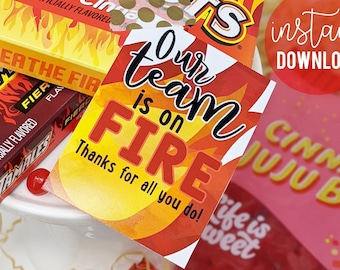 Our Team Is On Fire Printable Gift Tags, Red Hot Tamales Candy Treat Tag Office Teammates Volleyball PTA Football Coworkers Staff Employees