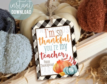 Thanksgiving, ik ben zo dankbaar dat je mijn leraar bent Waardering Afdrukbare cadeaukaartjes, herfst leraren traktatie tag, PTA PTSA schoolpersoneel van student