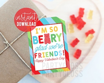 Gummy Bear Valentine's Day Printable Gift Tags, So Beary Glad We're Friends Gummy Valentine Boy Blue Class Valentines Easy Cute Team Gummi