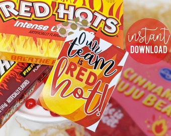 Red Hot Team Printable Gift Tags, Team Treat Tag Teamwork Appreciation Competition State Tournament Playoffs Teammate Candy Game Day Gift