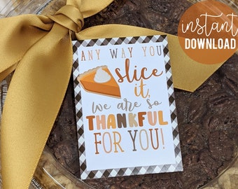 Thanksgiving Appreciation Printable Gift Tags, Fall Pie Tag Anyway You Slice It We Are So Thankful For You PTA Volunteer Staff Client Treat