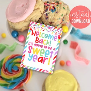 Etiquetas para presentes para impressão de boas-vindas de volta à escola, que serão um ano doce, primeiro dia de aula, agradecimento ao professor, tratamento PTA PTO Rainbow Sprinkles
