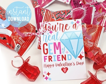 Valentine&#39;s Day Ring Candy Pop Printable Valentine Gift Tags, Gem Of A Friend Lollipop Sucker Team Teammate Neighbors Friends Students