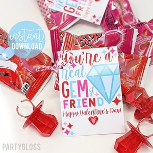 Valentine's Day Ring Candy Pop Printable Valentine Gift Tags, Gem Of A Friend Lollipop Sucker Team Teammate Neighbors Friends Students