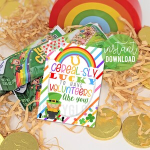 Apprezzamento del volontario Tag stampabili per il giorno di San Patrizio, PTO PTA Regalo Volontario Grazie Tag Lucky Cereal Bar Team Group Charity Work