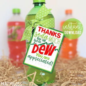 Puede incluir: Botella de soda verde con un lazo verde y blanco de lunares. Una etiqueta de regalo imprimible con el texto "Gracias por toda tu soda dew. ¡Eres apreciado!"