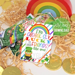 Apprezzamento degli amici Etichette stampabili per il giorno di San Patrizio Cereali fortunati Barretta di cereali Regalo degli amici Vicino di casa Collaboratore Carpool Babysitter Ufficio