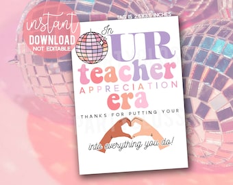 In Our Teacher Appreciation Era Printable Gift Tags, In My Appreciation Eras, Shimmer Disco Aesthetic, Heart Hands, Teacher Tags, PTO PTA