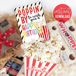 Etiquetas de presente para impressão de feliz aniversário de pipoca, estourando para desejar que você marque, lanches, aniversários, amigos, vizinhos, classe de companheiros de equipe