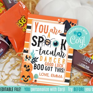 Étiquettes cadeaux imprimables modifiables Halloween Good Luck Dance Team, Spook-Tacular Dancer Candy Treat Tag Competition Day Tournament Talent Show
