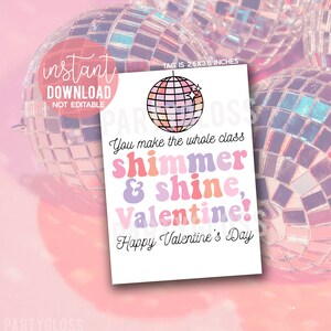 Schimmer und Glanz Valentinstag druckbares Tag, Disco ästhetic Valentine, Howdy Galentine's Swift, du bringst die ganze Klasse zum Schimmern, xoxo