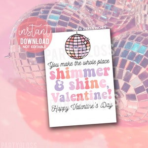 Shimmer en Shine Valentijnsdag afdrukbare tag, Disco esthetische Valentine, Howdy Galentine's Swift, je maakt de hele plaats Shimmer, xoxo