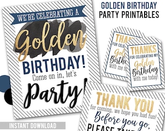 Golden Birthday Party Printables, Golden Printable Signs Favor Tag Golden Birthday Party Navy Blue And Gold Welcome Sign Party Favors Tags