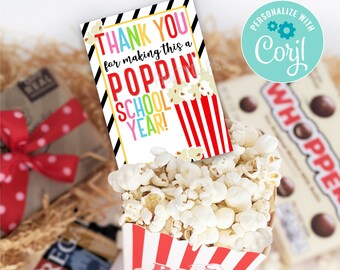 Editable End of the Year Popcorn Printable Gift Tags, Poppin' School Year Last Day Of School Have A Good Summer PTA PTO Faculty Staff Admin