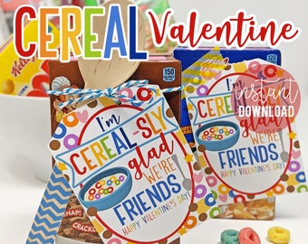 Valentine's Day Cereal Box Printable Gift Tags Cereal-sly Glad We're Friends Class Valentine Neighbors Team Teammates Classmates Office Blue