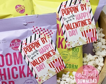 Popcorn Valentine's Day Printable Tags Poppin' By Valentine Class Team Friend Neighbor Carpool Teammate Classmate Daycare Bus Sports Teacher