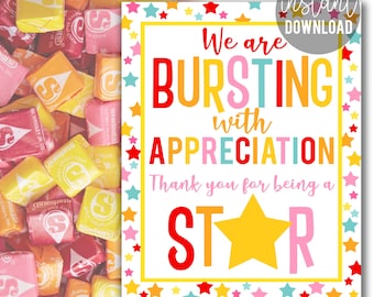 Teacher Appreciation 8x10 Printable Sign, Star Teachers Week Candy Sign Bursting With Appreciation Break Room PTO PTA School Staff Faculty