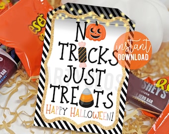 Happy Halloween No Tricks Just Treats Printable Appreciation Gift Tags, Classmates Class School Office Coworkers Team School Staff Employees