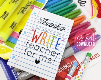 Teacher Appreciation Printable Gift Tags, Write Teacher For Me Teachers Appreciation Week Day School Staff Faculty Markers Pens Highlighters