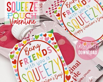 Squeeze Pouch Valentine's Day Printable Tag Main Squeeze Valentine  Applesauce Yogurt Class Classmates Team Teammates Neighbor Daycare Bus