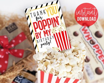 May include: A red and white striped popcorn box with a thank you tag that says "Thank you for poppin' by my birthday party!" The tag has a black and white striped background with gold lettering.