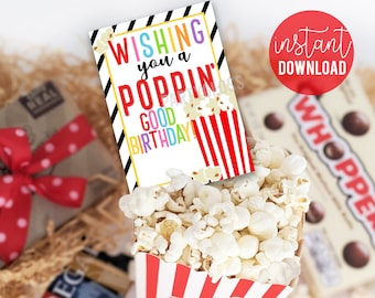 Popcorn Theme Birthday Party Printable Gift Tags, Poppin' Good Snack Treat Tag Gift For Students Friends Neighbors Office Drop By Gifts