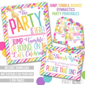 Gymnastics Jump Tumble Bounce Party Printables | Gymnastics Rainbow Printables | Favor Tag | Tumbling Party | Tumble Party | Welcome Sign