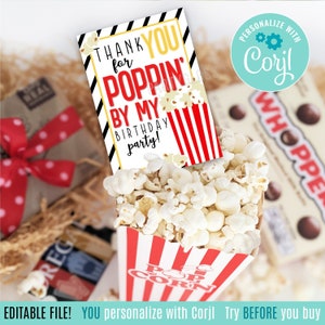 Editable Birthday Party Favor Popcorn Appreciation Printable Gift Tags, Thank You for Poppin&#39; By Take Home Swag Bag Guest Treat Tag Favors