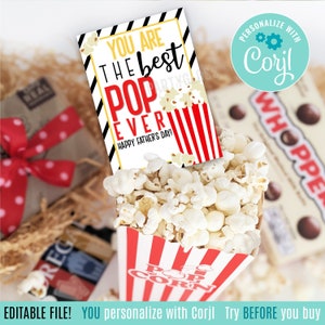 Bewerkbare Happy Father's Day Popcorn afdrukbare tags, beste pop ooit, grappige vader cadeau papa opa zoon oom snacks snack tag collega vriend