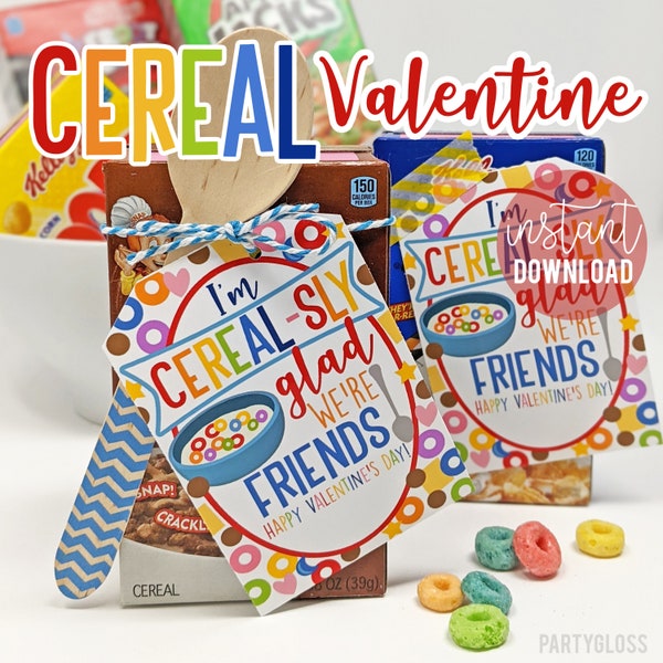 Valentine's Day Cereal Box Printable Gift Tags Cereal-sly Glad We're Friends Class Valentine Neighbors Team Teammates Classmates Office Blue